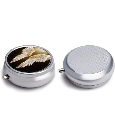 Round Pill Box with Angel Wing Print | 3 Compartment Decorative Metal Pill Organizer | Portable Pocket Pill Case - Buy Online on GoSupps.com