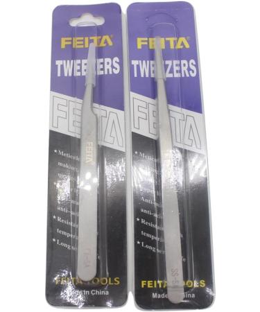 FEITA Precision Tweezers Set - Straight & Slanted Tip Stainless Steel Tweezers for Eyelash Extension, Craft, Jewelry, Eyebrow & Ingrown Hair Removal - Silver 2Pcs - Buy Online on GoSupps.com