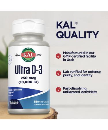 KAL Ultra Vitamin D3 250 mcg (10000 IU) High Potency Vitamin D Calcium Absorption Bone Health and Immune Support Supplement Instant Dissolve Unflavored ActivMelt 90 Servings 90 Micro Tablets - Buy Online on GoSupps.com