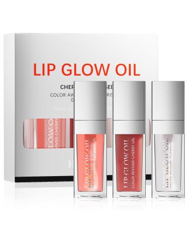 3 Set Plumping Lip Gloss - Transparent Toot Lip Oil Tinted Glass Lip Glow Oil Fresh Texture & Non-sticky Nourishing Repairing Lightening Lip Lines Lip Care Products (Set-B)