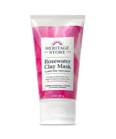 HERITAGE STORE Rosewater Clay Mask Clarifying Treatment - Dry Combination Skin - Purifying Face Mask Deep Cleanses Detoxifies & Balances w/ Kaolin Clay Organic Aloe Vera Hypoallergenic Vegan 2oz