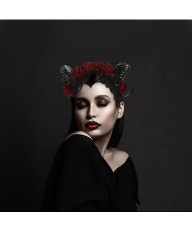 Lurrose Halloween Headband Sheep Horn Head Piece Rose Flower Hair Band Gothic Horns Headwear with Lace Veil for Festival - Buy Online on GoSupps.com
