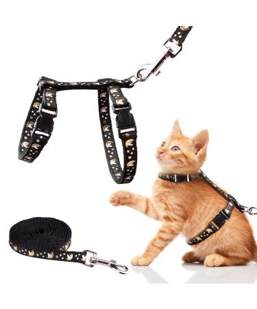 Cat Harness and Leash Set Gold Moons Soft Nylon Escape Proof Adjustable for Kittens Small Animals Glow in The Dark Black