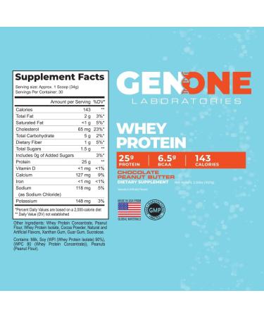 GenOne Whey Protein Powder Isolate - 25g Protein Low Carb Fast Digesting Chocolate Peanut Butter - 30 Servings 2.25 LB - International Shipping Available - Buy Online on GoSupps.com