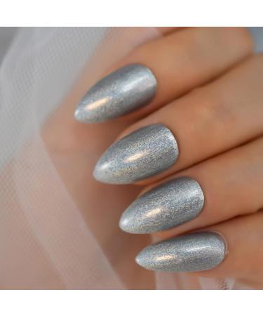 Laser Metallic Silver Wire Texture Artificial Nails - Short Almond Glossy Gel - 24pcs Acrylic Full Cover Kit - International Shipping - Buy Online on GoSupps.com