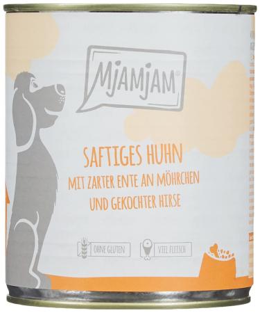 MjAMjAM - premium wet food for dogs - juicy chicken with tender duck on carrots and boiled millet, 6 pack (6 x 800 g), natural with extra meat