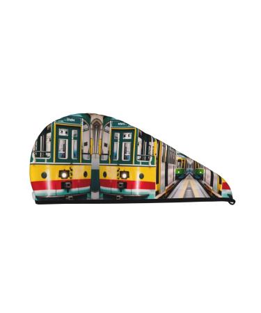 Lisbon Tram Coral Velvet Dry Hair Cap Unisex Wet Towel Wrap The Ideal Bathroom Pool Party Beach and Home Accessory