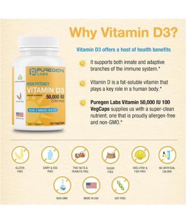 Puregen Labs Vitamin D3 50 000 IU (1250 mcg) 100 Weeks Supply for Healthy Muscle Function and Immune Support Non-GMO Gluten Free 100 Vegetable Capsules 100 Count (Pack of 1) - Buy Online on GoSupps.com