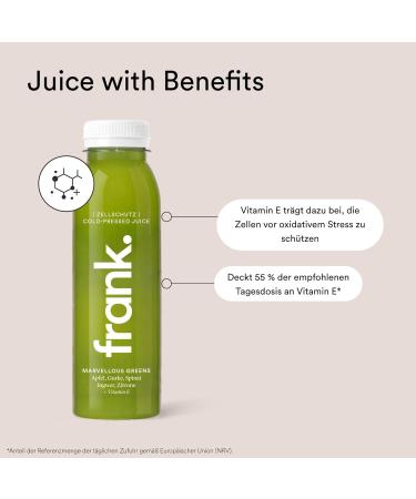  Frank Juice FRANK JUICE MARVELLOUS GREENS Cold-pressed vegan juice 12 x 330 ml Made with fruit and vegetable juice including apple cucumber spinach ginger and lemon with a disposable booklet 3 - Buy Online on GoSupps.com