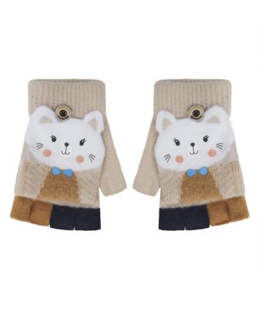 Toddler Kids Puppy Flip Top Short Knitted Half Finger Gloves for 3-8 Yrs Cat/Beige
