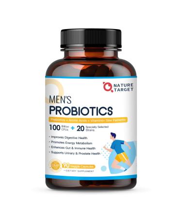 NATURE TARGET Probiotics for Men Digestive Health with Enzymes & Prebiotics 100 Billion CFUs Men's Probiotics with Saw Palmetto & Cranberry for Prostate & Urinary Tract Health 90 Veggie Capsules