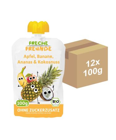 Cheeky friends Bio Quetschie apple banana pineapple & coconut fruit puree in a squeeze bag for children & babies from 6 months vegan gluten -free 2x 6 -pack (12 x 100g) coconut pineapple apple & banana 12 pc.