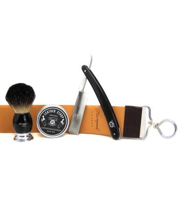 Vintage Shaving Set for Men by HARYALI LONDON (Straight Cut Throat Razor Badger Hair Shaving Brush Leather strop with Paste/Balm)