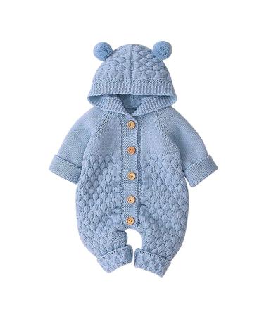 Baby Boy Girl Clothes Long Sleeve Knitted Hooded Romper Bodysuit Onesie Fall Winter Jumpsuit 6-12 Months Light Blue-Hairball