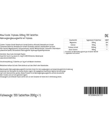 Now Foods Triphala 500mg with Magnesium and Calcium 120 Vegan Tablets - Lab Tested | Soy Free | Vegetarian | Gluten Free | Non-GMO - Buy Online on GoSupps.com