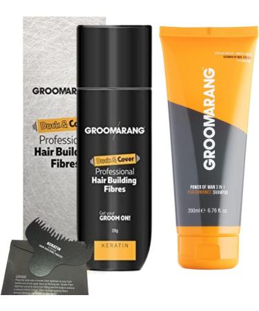 Hair Fibres GROOMARANG Keratin Hair Building Fibres for Thinning Hair - Instantly Conceals Thinning Areas for Fuller Thicker Hair - For Men & Women 28g PLUS 200ml Shampoo & Optimiser (Black) - Buy Online on GoSupps.com