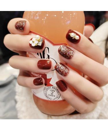 Sethexy Glossy Squoval Short False Nails Flower Glitter Rhinestone Studs Wine Full Cover Acrylic Fake Nails Tips for Women and Girls - Buy Online on GoSupps.com