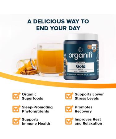 Organifi Gold Superfood Supplement Powder - 30 Servings - Stress Support, Better Rest, Relaxation, and Sleep - Turmeric and Reishi Infused - 6.98oz - Buy Online on GoSupps.com