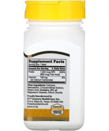 21st Century Folic Acid 800 mcg - 180 Easy to Swallow Tablets | Premium Dietary Supplement - Buy Online on GoSupps.com