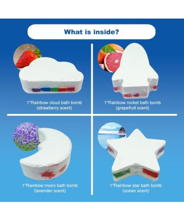 Bath Bombs Gift Set 4 Pieces of Unique Rainbow Cloud Bath Bomb Rainbow Rocket Bath Bomb Rainbow Moon Bath Bomb and Rainbow Star Bath Bomb Having Different Scent - Buy Online on GoSupps.com