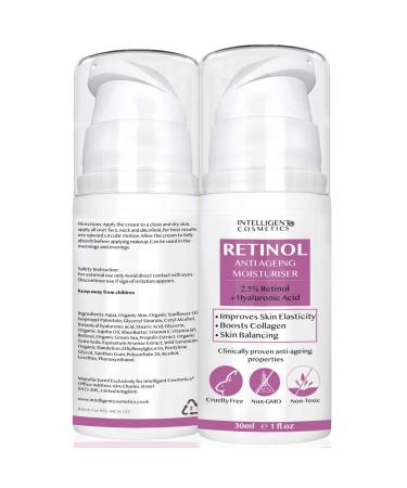 2.5% Retinol Collagen Rejuvenating Cream with Hyaluronic Acid Vitamin E Vitamin B5 and Organic Facial Oils Anti Ageing - Wrinkle Moisturiser for Younger Looking Skin 30ml