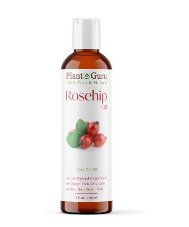 Plant Guru Rosehip Oil Unrefined 4 fl. oz. 100% Pure Cold Pressed Nourishing for Skin Hair Scalp and Nails Hydrating Moisturizing and Rejuvenating.