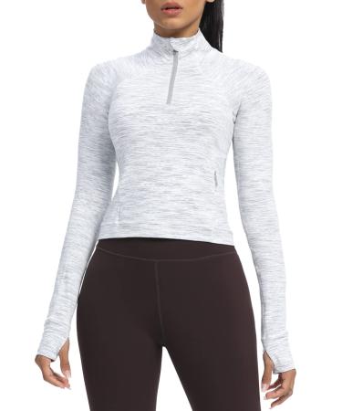AVGO Long Sleeve Workout Shirts for Women Half Zip Pullover Cropped Sweatshirt Athletic Yoga Shirts Small White Space Dye