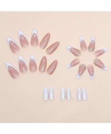 24Pcs Almond French Tips Medium False Nails with Adhesive Tabs - Glossy White Lines, Acrylic Full Cover Stick on Nails for Women - DIY Nail Art - Buy Online on GoSupps.com