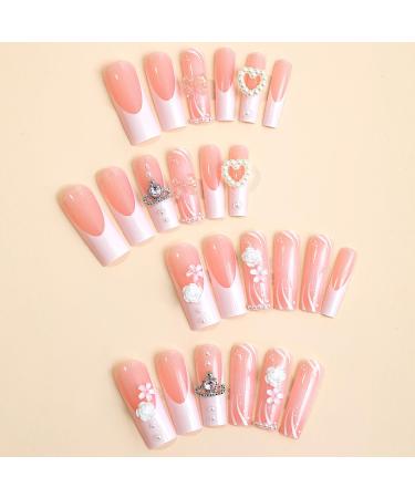Shop Stylish French Tip Press On Nails - Summer Pink Coffin Design with Heart-Shaped Pearls & Rhinestones | 24 Pcs Glossy Acrylic Nails for Women & Girls - Buy Online on GoSupps.com