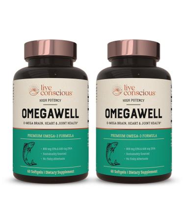 Live Conscious OmegaWell Fish Oil: Heart, Brain, and Joint Support | 800 mg EPA 600 mg DHA - Enteric-Coated, Sustainably Sourced - Easy to Swallow 120 Count (2-Pack) 60 Count (Pack of 2)