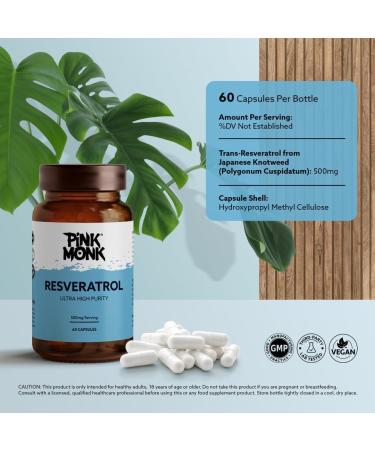 PINK MONK Trans-Resveratrol | 99% Pure with Superior Absorption | Immune Booster & Anti-Aging Antioxidant Supplement | Vegan 60 Caps | UK Made - Buy Online on GoSupps.com