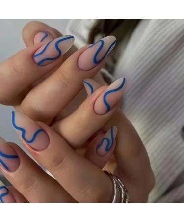 BABALAL Almond Press on Nails Medium Fake Nails Blue Swirl Glue on Nails Stiletto Acrylic Nails Matte Stick on Nails with Design NAIL-M06-1