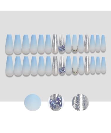 30PCS Butterfly Blue Gradient Rhinestone Press on Nails - Long False Acrylic French Nails for Women - Buy Online on GoSupps.com