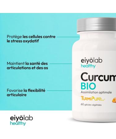Organic Turmeric Capsules for Joints | Black Pepper Free for Excellent Digestive Tolerance | 60 Vegan Capsules of 300mg of Turmipure Gold Patented Curcumin | Made in France | Eiyolab - Buy Online on GoSupps.com