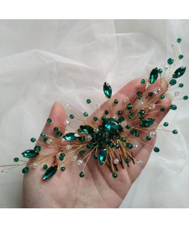 Teyglen Bridal Wedding Gold Hair Comb with Green Rhinestones - Crystal Side Hair Accessory for Women and Girls - Buy Online on GoSupps.com
