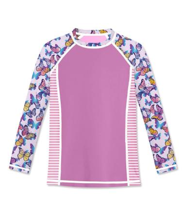 BesserBay Girls Rashguard Shirt UV Protection Swim Shirt Long Sleeve Print 110-150 Purple Butterfly 120