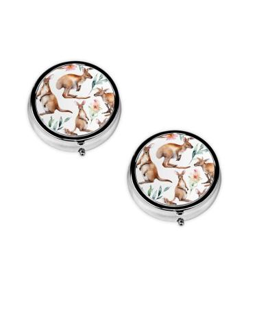 (Funny Cartoon Kangaroo Zoo) Round Pill Box 3 Compartment Pill Box Mini Decorative Pocket Purse Portable Travel Medicine Tablet Vitamin Holder Organizer Pill Case