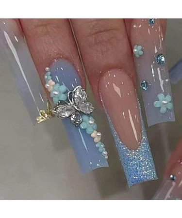 Foccna Butterfly Blue Fake Nails Square French Press on Nails Long Bling Glossy Rhinestone False Nail Tips Artificial Nails Finger Manicure for Women and Girls 24pcs Blue 24 Piece Set
