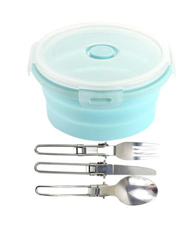 D DASAWAN 40oz Camping Bowl with Lid - Portable Collapsible Silicone Bowl and Foldable Stainless Steel Dinner Knife, Fork, Spoon Set for Travel and Camping - Microvave and Fridge Food Storage Bowl Blue-1200ml Large