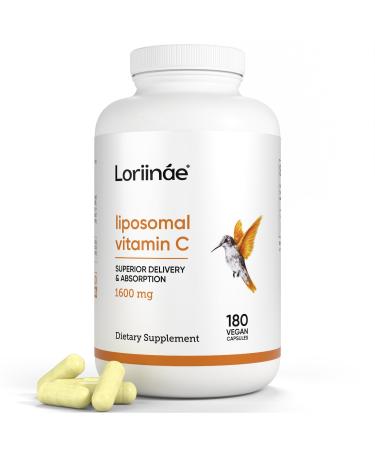 Loriin e Liposomal Vitamin C 1600mg High Absorption Capsules with Sunflower Lecithin, Fat-Soluble Vitamin C Supplement for Immune, Collagen and Antioxidant Support, 180 Vegan Capsules