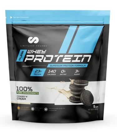 Limitless Pharma Pure Whey Protein | High Protein Whey Concentrate Protein Powder | 23g Protein 6g BCAAs Gluten Free Low Sugar Low Carb Low Lactose | 65 Servings 5LB (Cookies N' Cream) Cookies & Cream 5LB