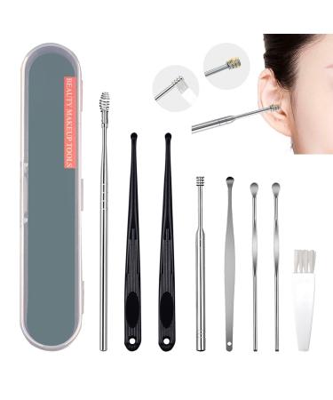 8 Pcs Innovative Spring Ear Wax Cleaner Tool Set  Stainless Steel Ear Wax Removal Kit Cleaning Tool Earwax Pick Cleaner Curette Spoon Set Tool with a Cleaning Brush and Storage Box 8pcs/Set