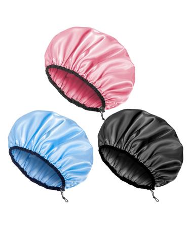 Auban Shower Cap for Women, Adjustable Reusable, Extra Large, Double-Layer Waterproof Bathing Cap, Waterproof Exterior, EVA Lining, Hair Cap for All Hair Lengths, 3 Colors ADJUSTABLE-blue-pink-black