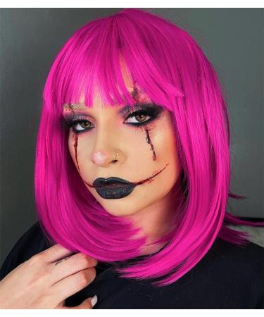 Annivia Hot Pink Short Bob Wig with Bangs - 12 inch Synthetic Straight Wig for Women - Halloween Cosplay Party Natural Hair-Like Wig (Hot Pink) - Buy Online on GoSupps.com