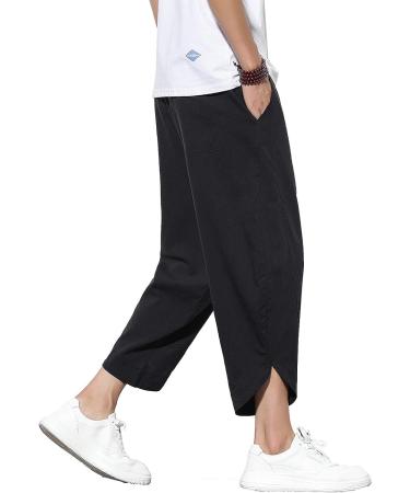 DOSLAVIDA Men's Casual Elastic Waist Linen Capri Pants Wide Leg Harem Yoga Trousers - Solid Black, Medium - Buy Online on GoSupps.com