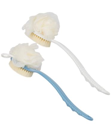 2 Pack Back Scrubber for Shower EAONE Bath Body Brush with Bristles and Loofah Loofah On a Stick Back Washer Mesh Sponge Long Handle Exfoliating Body Brush for Men and Women (Blue&White) Blue / White