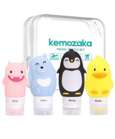 kemozaka Cute Silicone Travel Size Bottles Set for Toiletries, BPA Free, Leak Proof Squeezable Travel Containers With Built-in Labels, TSA Approved Refillable Travel Essentials Accessories (4pcs) 4 pcs + travel bag