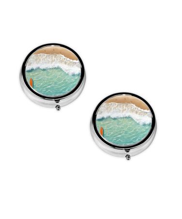 (Romantic Beach Pattern) Round Pill Box 3 Compartment Pill Box Mini Decorative Pocket Purse Portable Travel Medicine Tablet Vitamin Holder Organizer Pill Case