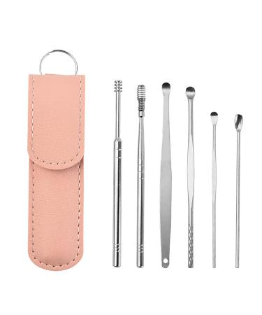 Narvei 6 Pcs Ear Wax Removal Tool Set Earwax Remover Kit Ear Pick Cleaner Kit Reusable Ear Cleaner Tool Set with Storage Bag Stainless Steel Ear Picker for Children Kids Adults (Pink)