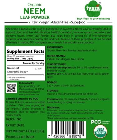 Iyasa Holistics USDA Organic Neem Leaf Super Greens Powder 4 oz - Blood & Liver Purification, Healthy Hair & Skin - Resealable Bag - 113g - Buy Online on GoSupps.com
